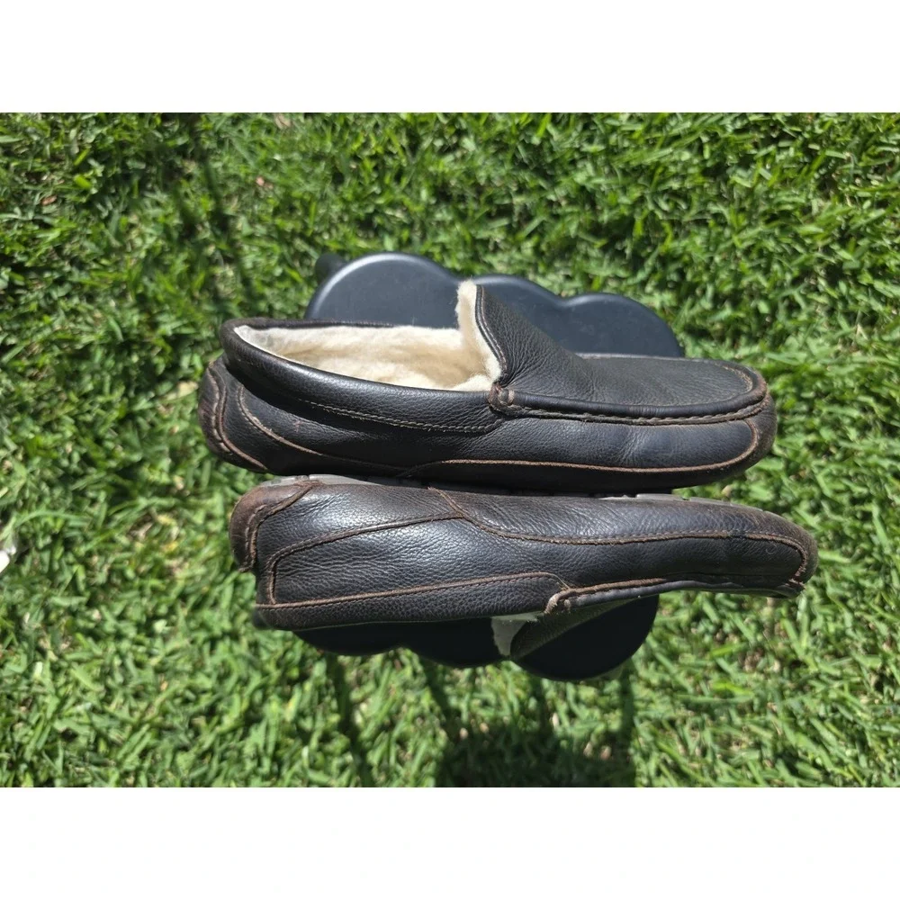 UGG Ascot Mens Leather Slippers Dark Brown Espresso Moccasin Loafers 5379